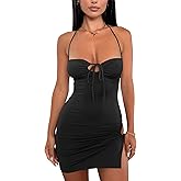 HOCILLE Women's Sexy Halter Club Bodycon Ruched Spaghetti Strap Cut Out Mini Dress