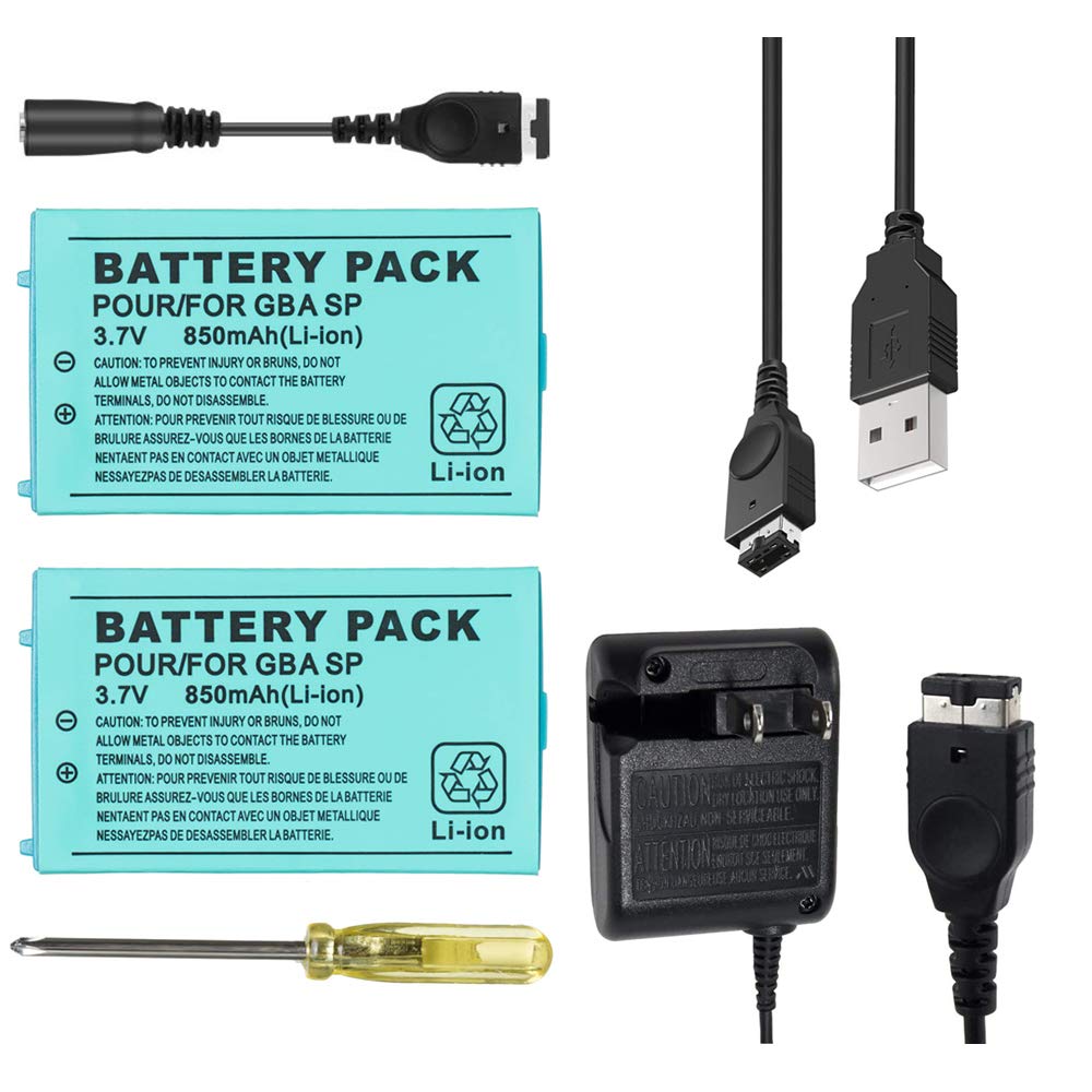 TFSeven 2Pcs Replacement Battery Compatible for Nintendo GBA SP 850mah 3.7V Rechargeable Lithium Ion + AC Adapter 5.2V 450mA Wall Charger Power Supply for GBA Sp Gameboy Anvance Accessories Bundle Kit