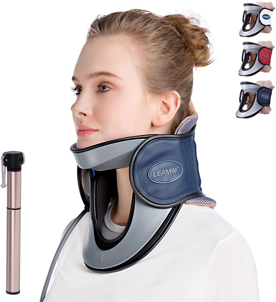 LEAMAI Newest Cervical Neck Traction Device-Adjustable Inflatable Neck Stretcher Collar for Home Traction Spine Alignment -(C03,Blue)