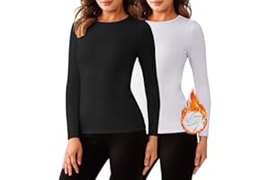 QOMEWA 2 Pack Women's Thermal Long Sleeve Shirts Slim Fit Thermal Underwear Lightweight Fleece Lined Base Layer Shirts
