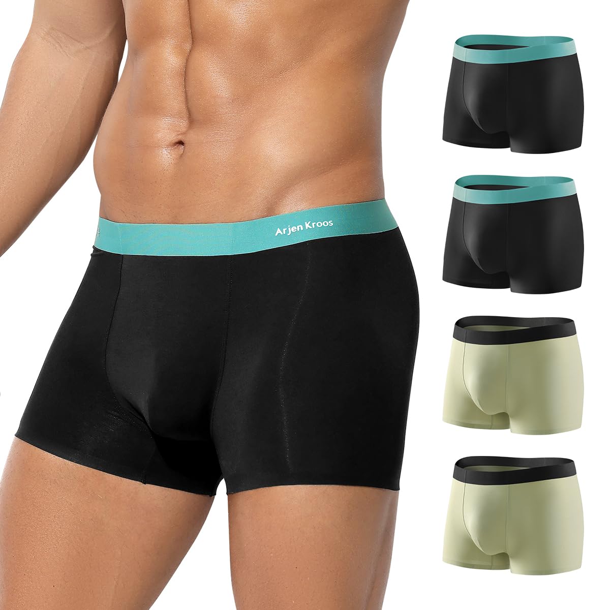 Photo 1 of Arjen Kroos Men's Underwear 4 Pack Breathable Silky Modal Boxer Briefs Seamless Trunks,BLACK*2/GREEN*2,Large