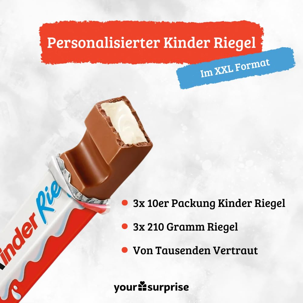 XXL kinder Riegel personalisiertes Geschenk mit Name - Geburtstagsgeschenk für Männer und Frauen personalisiert mit 3x 10er Packung kinder Riegel Schokolade (630 gramm) 9