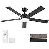 52 Inch Ceiling Fans with Lights and Remote, Black Ceiling Fan with 5 Blades, 6 Speed Reversible DC Motor, 3CCT Dimmable LED, Modern Design for Bedroom, Living room & Covered Outdoor,Includes Downrod