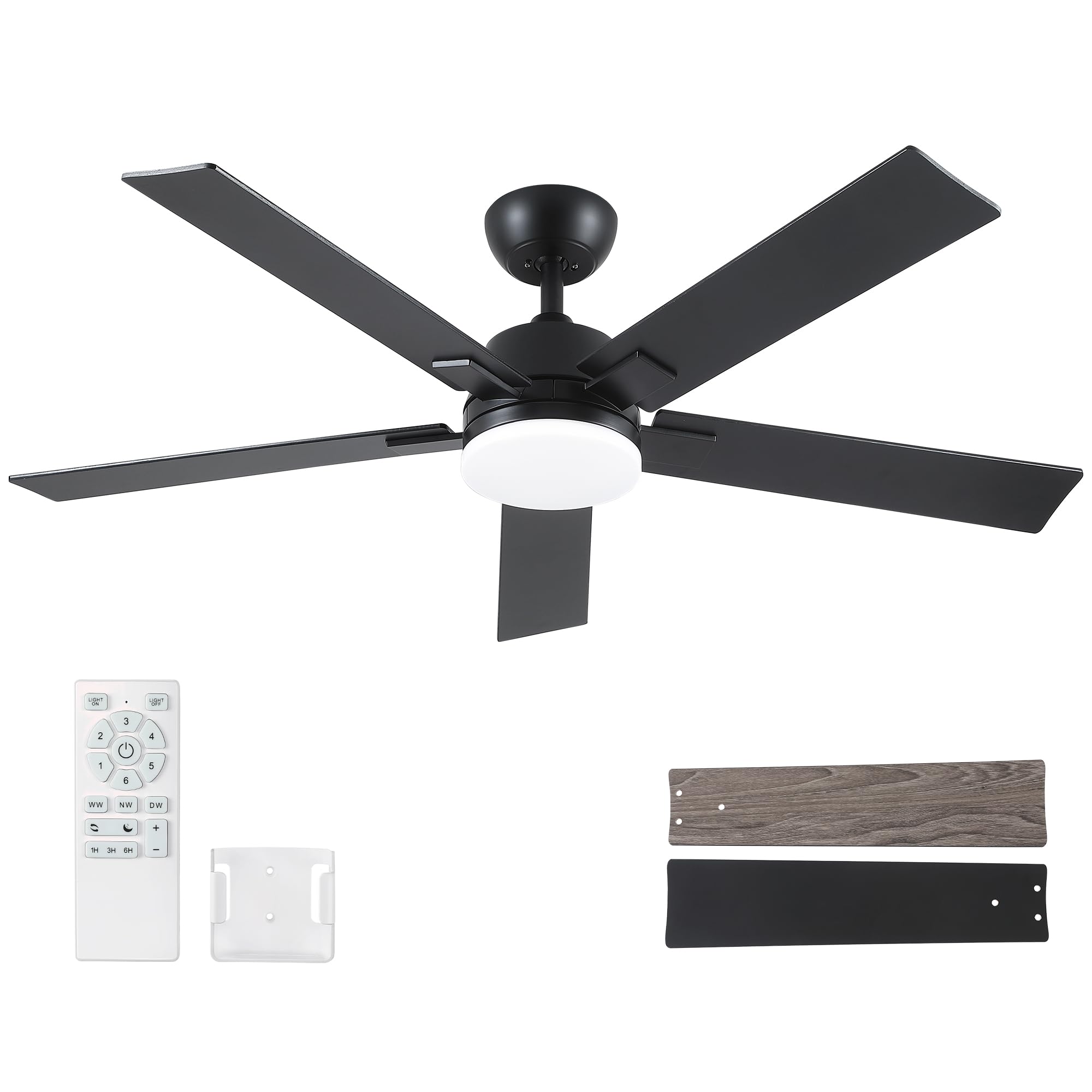 Photo 1 of 52 Inch Ceiling Fans with Lights and Remote, Black Ceiling Fan with 5 Blades, 6 Speed Reversible DC Motor, 3CCT Dimmable LED, Modern Design for Bedroom, Living room & Covered Outdoor,Includes Downrod
