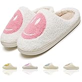 KNUAKA Cute House Slippers for Women Men with Memory Foam Retro Happy Face Cozy Indoor Outdoor Fuzzy Plush Shoes