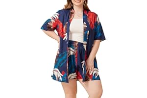 Floerns Women's Plus Size 2 Piece Outfit Tropical Print Kimono Top and Shorts Set
