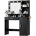 Furmax Vanity Desk with Lighted Mirror 3 Modes & Power Outlets, Makeup Vanity Table with Drawers, Cabinet and Open Shelves, for Bedroom & Dressing Room (Black)