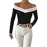 OYOANGLE Women's Off Shoulder Ribbed Knit T Shirt Color Block Long Sleeve Fitted Dressy Tee Tops