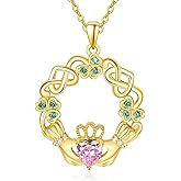 Dreamboat Sterling Silver Claddagh Necklace for Women Clover Shamrock Celtic Knot Irish Necklace Birthstone Pendant Luck Scottish Jewelry irish Gift