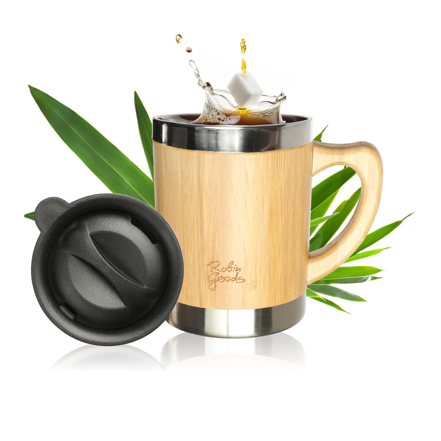 Robin Goods® drinking cup made of stainless steel and bamboo cup 300 ml - camping cup with handle and lid - break-proof and BPA-free (1 piece - 300ml)