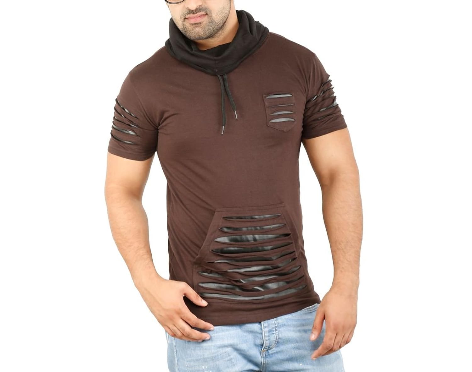 perfect creations men's cotton and leather half sleeve brown color hooded t-shirt