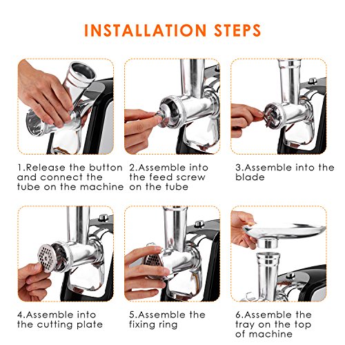 Electric Meat Grinder, Meat Mincer with 3 Grinding Plates and Sausage Stuffing Tubes for Home Use &Commercial, Stainless Steel/Silver/1000W(Max)