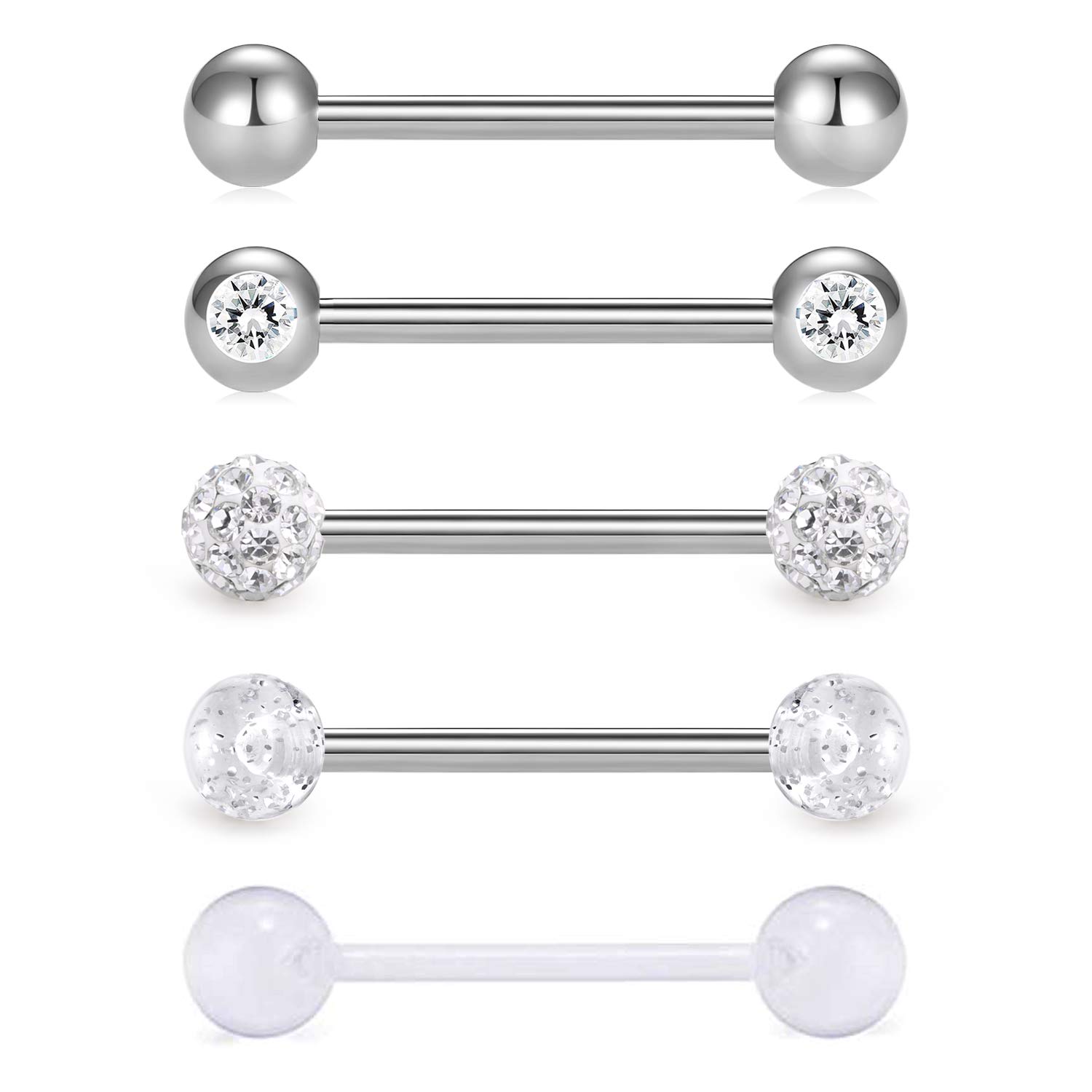FECTAS 5pcs Tongue Bars Ring Set 14 Gauge 14mm Barbell Surgical Stainless Steel Metal Piercing Jewellery