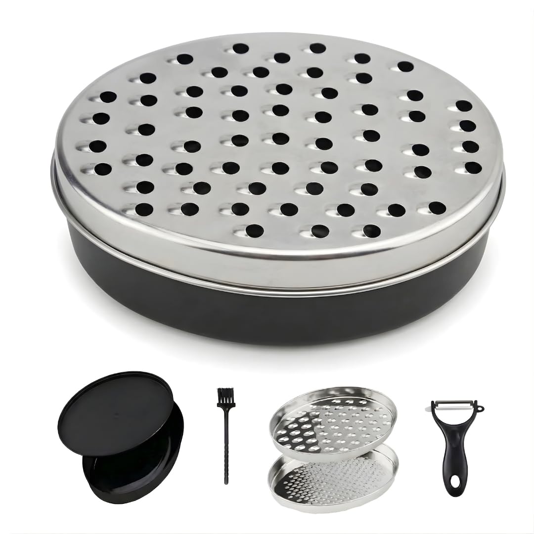 JAGKUL Cheese Grater Kitchen Equipment - Stainless Steel Vegetable Chopper Cheese Grater with Container and Lid + Peeler, Graters for Kitchen, Home Gadgets for Smart Home (Black)