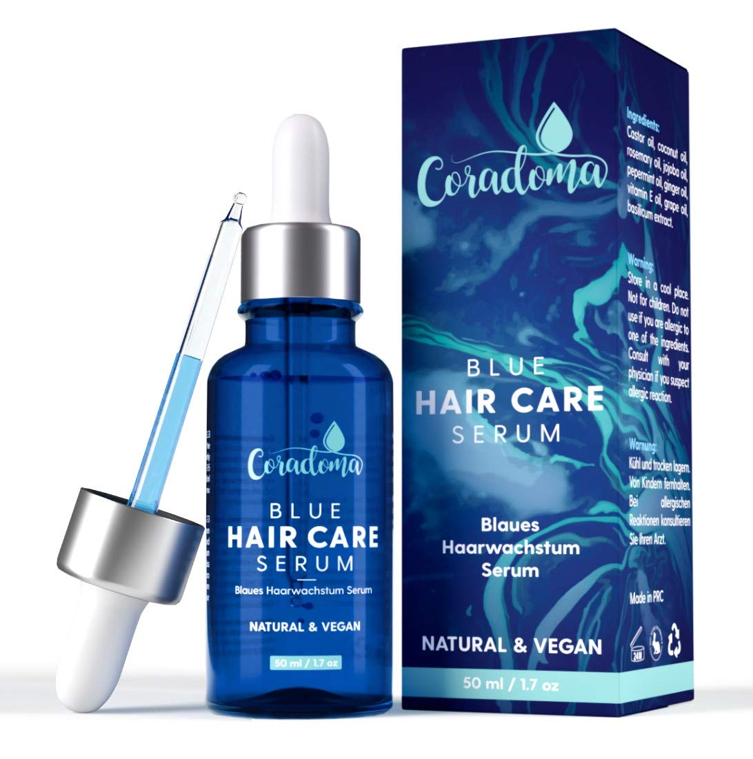 Coradoma Blue Hair Serum Oil for Women and Men, Natural Based Organic Vegan, 50 ml - Accelerate Hair Growth, Control Hair Loss, Basil Scent, Unisex
