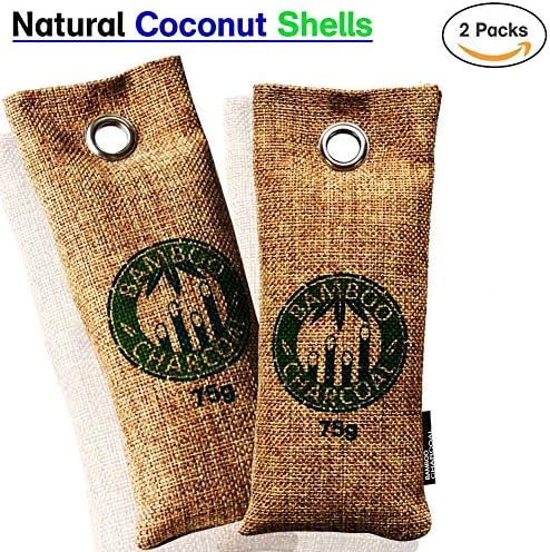 2 Packs Mini Natural Air Purifying Bags, Shoe Deodorizer and Odor Eliminator, Reusable Natural Bamboo Charcoal Air Freshener, 100% Natural Non-Toxic, 75g Each, Brown
