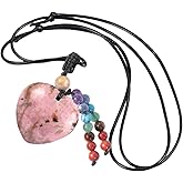 TUMBEELLUWA Handcarved Crystal Heart Pendant Necklace with 7 Chakra Beads Tassel Quartz Pendant with Cord Healing Stone Amulet for Unisex