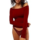 DUKBUBI Women's Off The Shoulder Long Sleeve Y2K Tops Slim Fit Going Out Top Basic Tee Sexy Crop Tops