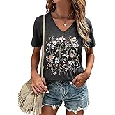 Women's T-Shirt V-Neck Graphic Tees Vintage Boho Flowers Shirt Summer Casual Plant Short Sleeve Tshirt Tops