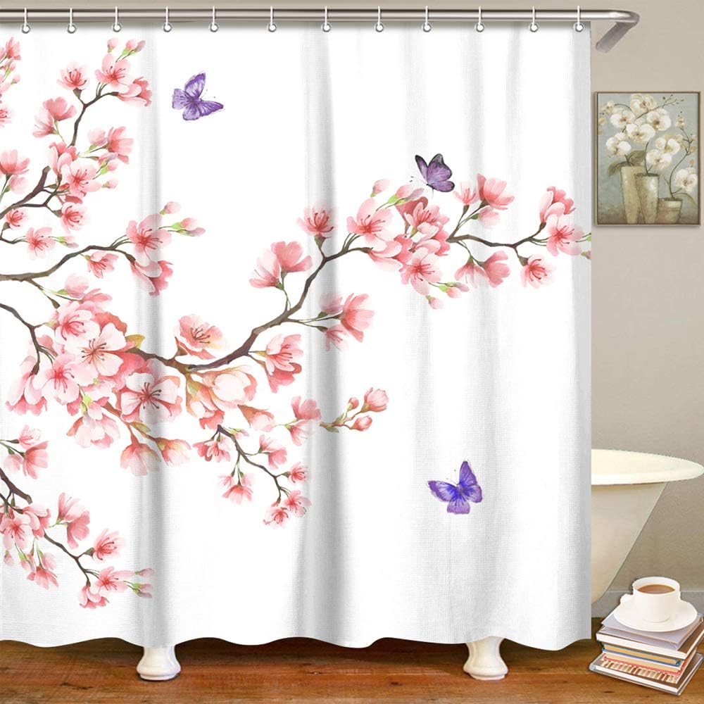 LIVILAN Pink Flower Shower Curtain Set with 12 Hooks