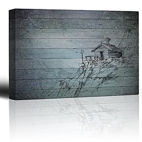 Lone House on a Cliff on Top of a Grainy Wood Texture - Canvas Art Home Art - 12x18 inches