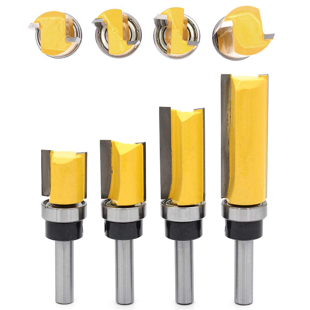 DingGreat 4Pcs 8mm Shank Flush Trim Pattern Template Router Bit Set, Wood Top Bearing Milling Cutter Tool Woodworking Milling Cutter