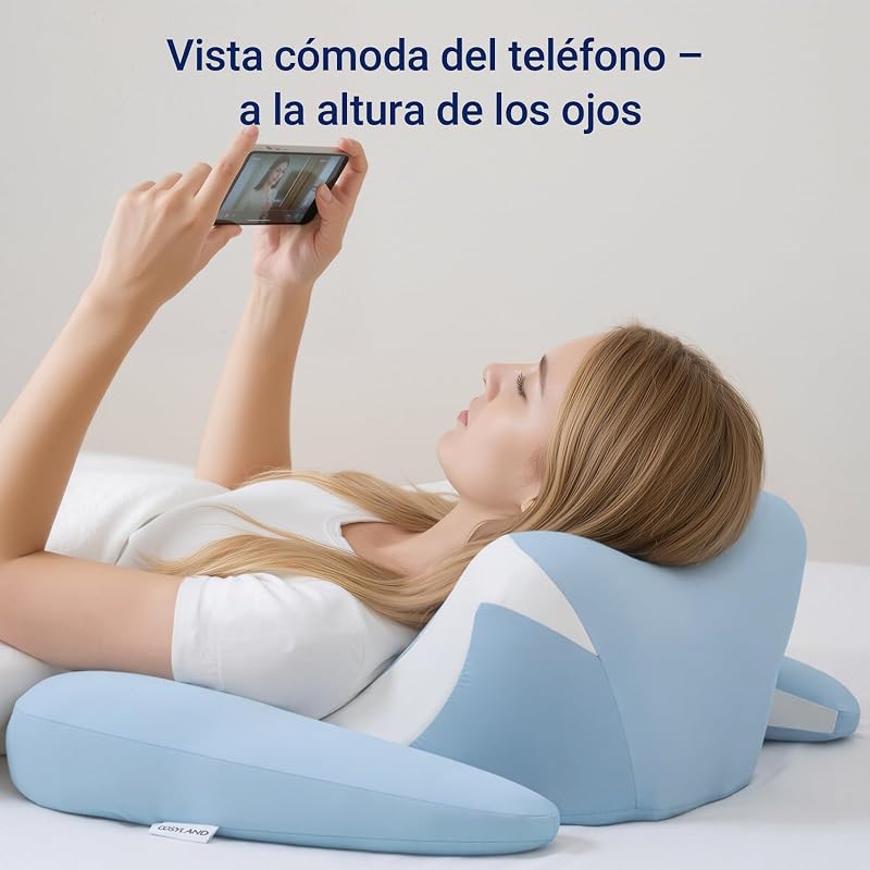 Almohada Cervicales y Cuello - Ergonómica para Dormir de Lado, Boca Arriba o Abajo, Espuma Viscoelástica, Diseño con Espacio para Orejas y Brazos, Funda Transpirable, 64×48×24 cm, Azul Cielo