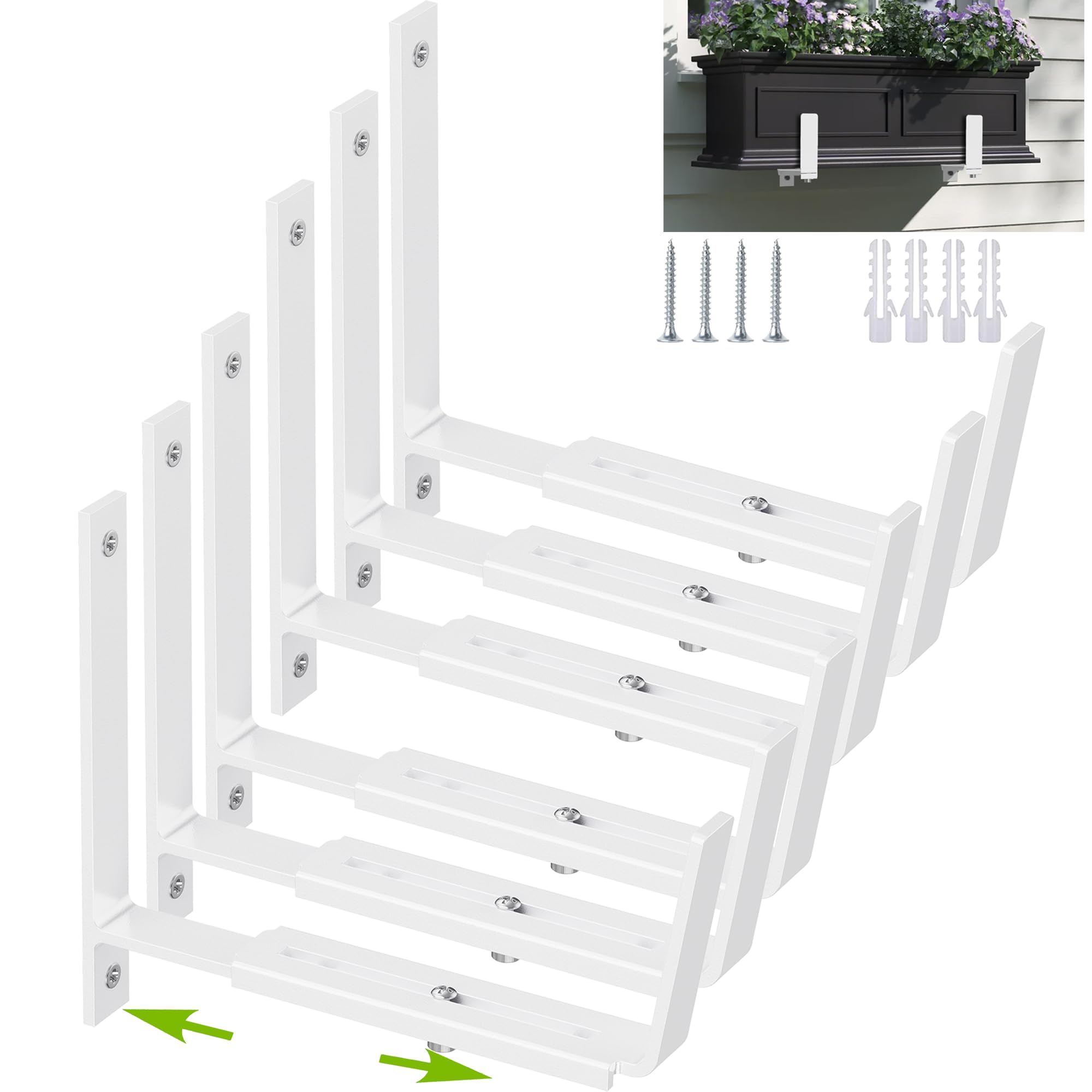 Photo 1 of Y&M 6 PCS Adjustable Window Box Brackets for Planter Box, Heavy Duty Wall Mounted Hooks Hangers for Flower Baskets Holder Durable, Brackets for Fence Patio Garden Balcony
