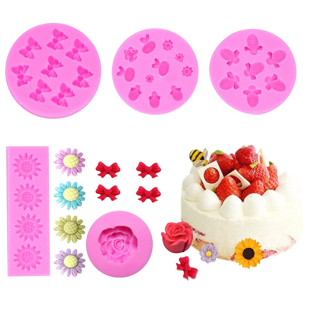 Rolin Roly 5pcs Flower Fondant Cake Silicone Mold Small Roses Flower Fondant Mold Chocolate Candy Baking Moulds DIY Bow Mould for Jelly Sugar Fondant Cake Decoration (5Pcs Fondant Moulds)