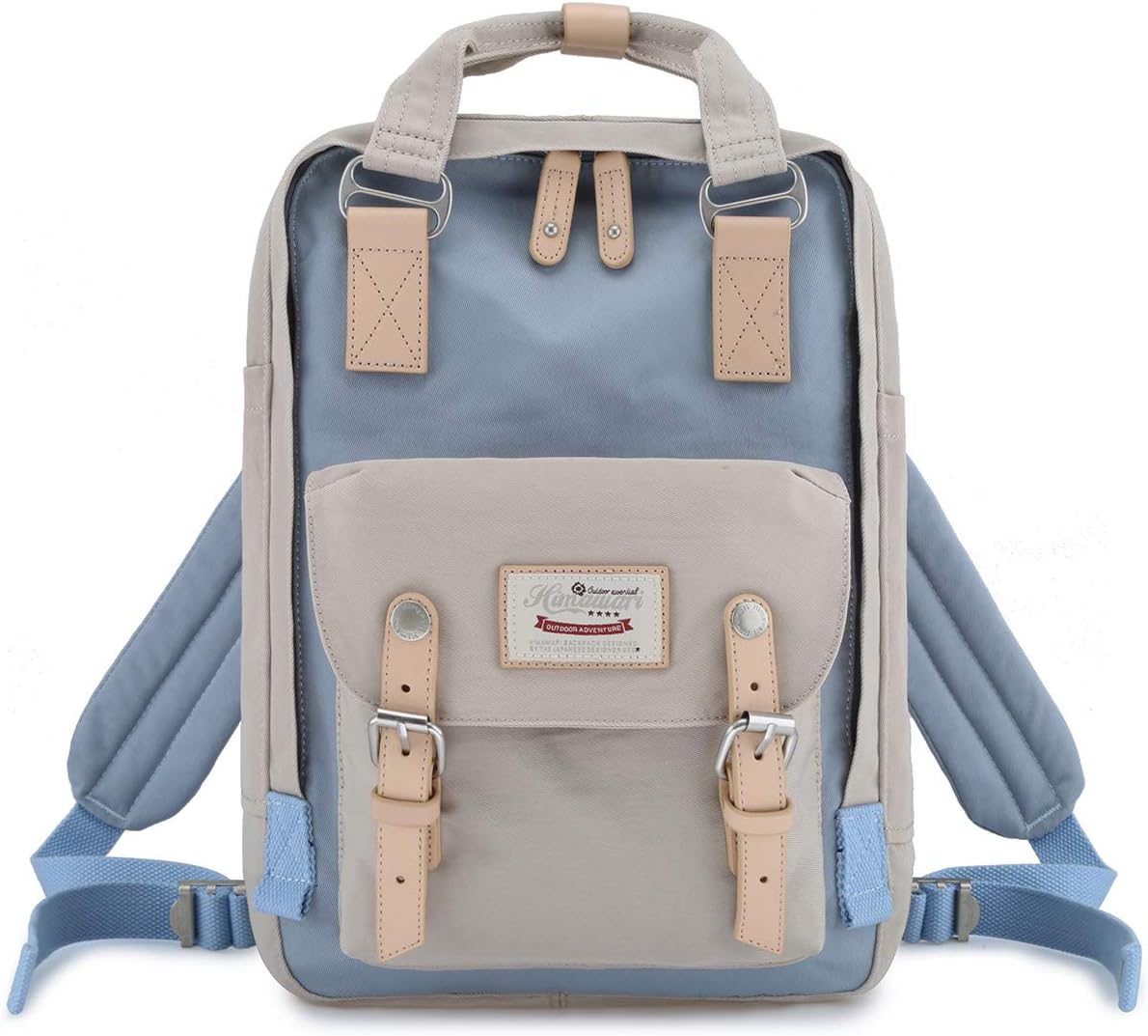 Himawari School Functional Travel Waterproof Backpack Bag for Men & Women | 14.9"x11.1"x5.9" | Holds 13-in Laptop (Beige & Blue)
