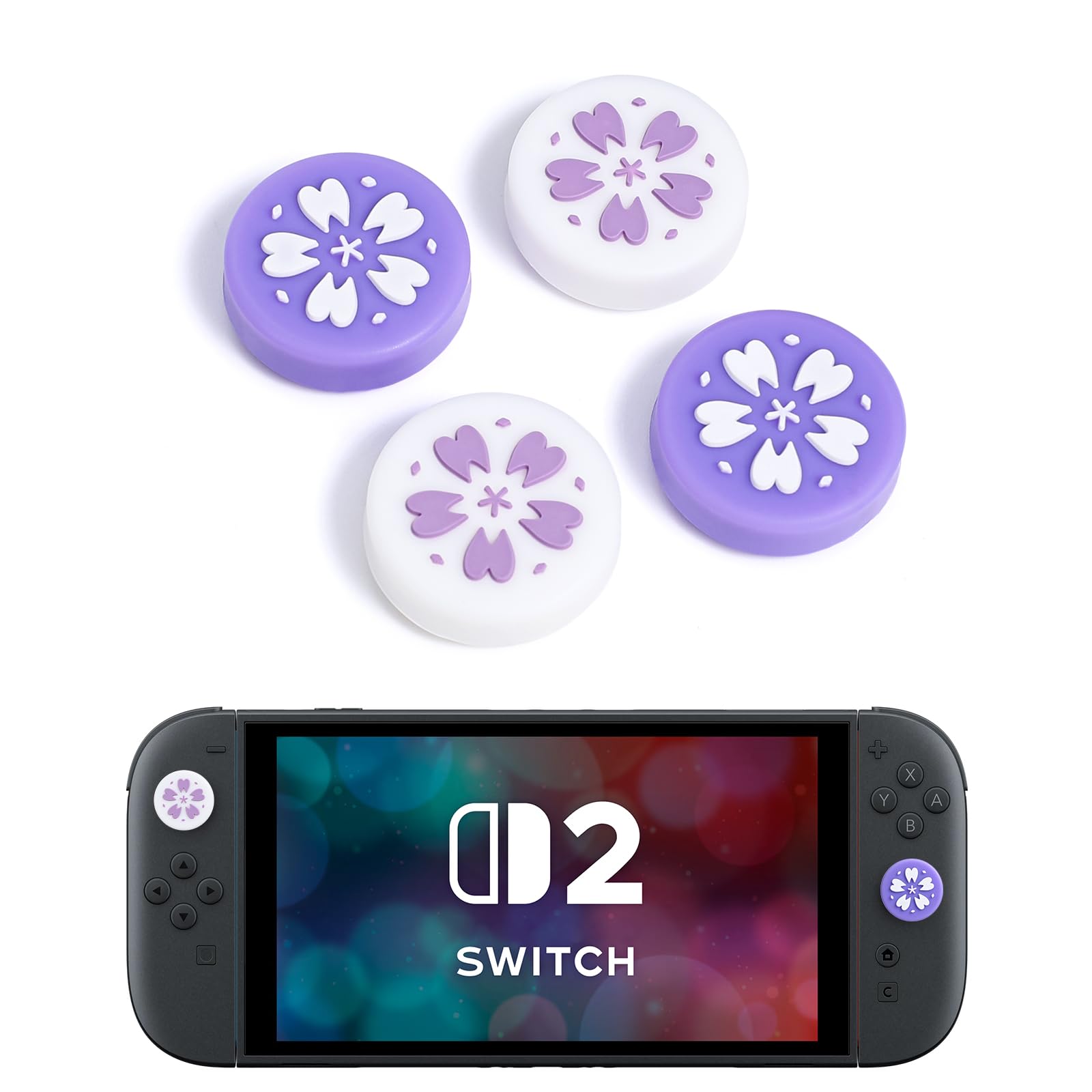 DLseego 4PCS Thumb Grips Designed for Nintendo Switch 2 2025,Soft Silicone Joycon Analog Controller Protective Anti-Slip Cover Button Joycon Joystick Caps Covers, Cherry Blossom Sakura - Purple