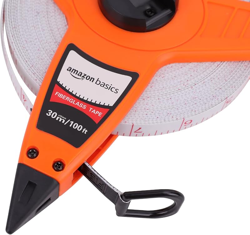 Mètre ruban en fibre de verre à bobine ouverte résistant aux impacts - 30 m/100 pieds par 0,5 pouce, pouces/mètres, Vine, Orange