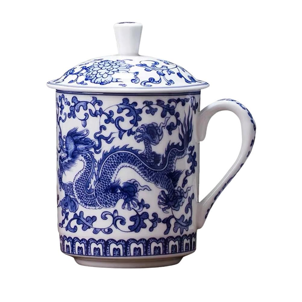 TOPBATHY Chinese Mug with Lid, Chinese Tea Set, Tea Infuser Mug with Lid, Porcelain Teacup, Blue and White Ceramic Coffee Cup Set for Loose Leaf Home Office Holiday Kitchen