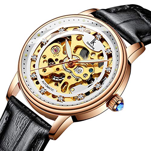 Bestn Women's Self Winding Wristwatches Skeleton Crystal Auto PU Leather Mechanical Watch (Black)