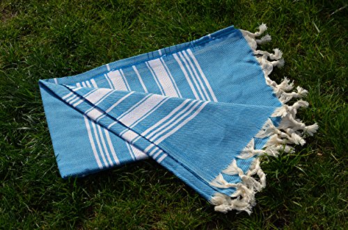 Dandelion - Basic Pattern - Naturally-Dyed Cotton Turkish Towel Peshtemal - 71x39 Inches - Ocean Blue - Thumbnail 2