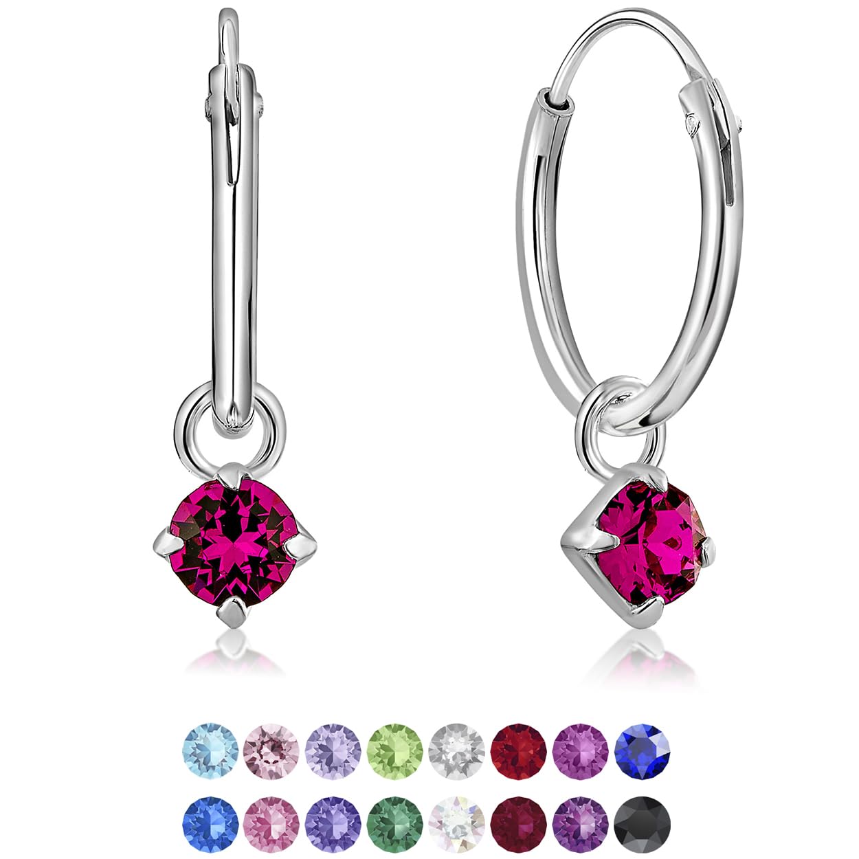 925 Sterling Silver Small Hoops Earrings with Dangling Heart in Glittering Crystals 3 mm - Heart Earrings Fuchsia Colour - Thickness 1.5 mm - Diameter: 14 mm — image 1