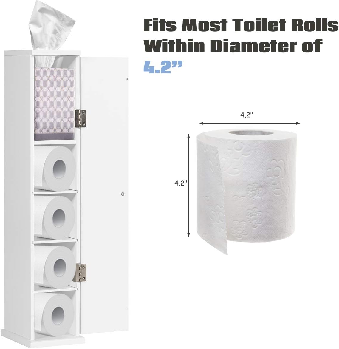 Tangkula Toilet Tissue Storage Tower, Free Standing Toilet Paper Holder with 4 Shelves, Bathroom Paper Storage Organizer with Door & Top Slot, Narrow Bath Floor Cabinet for Paper Holder (White): Home & Kitchen