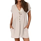 Glamaker Women's Summer Short Sleeve Romper Casual V Neck Wide Leg Short Jumpsuit Button Beach Rompers Outfit With Pockets