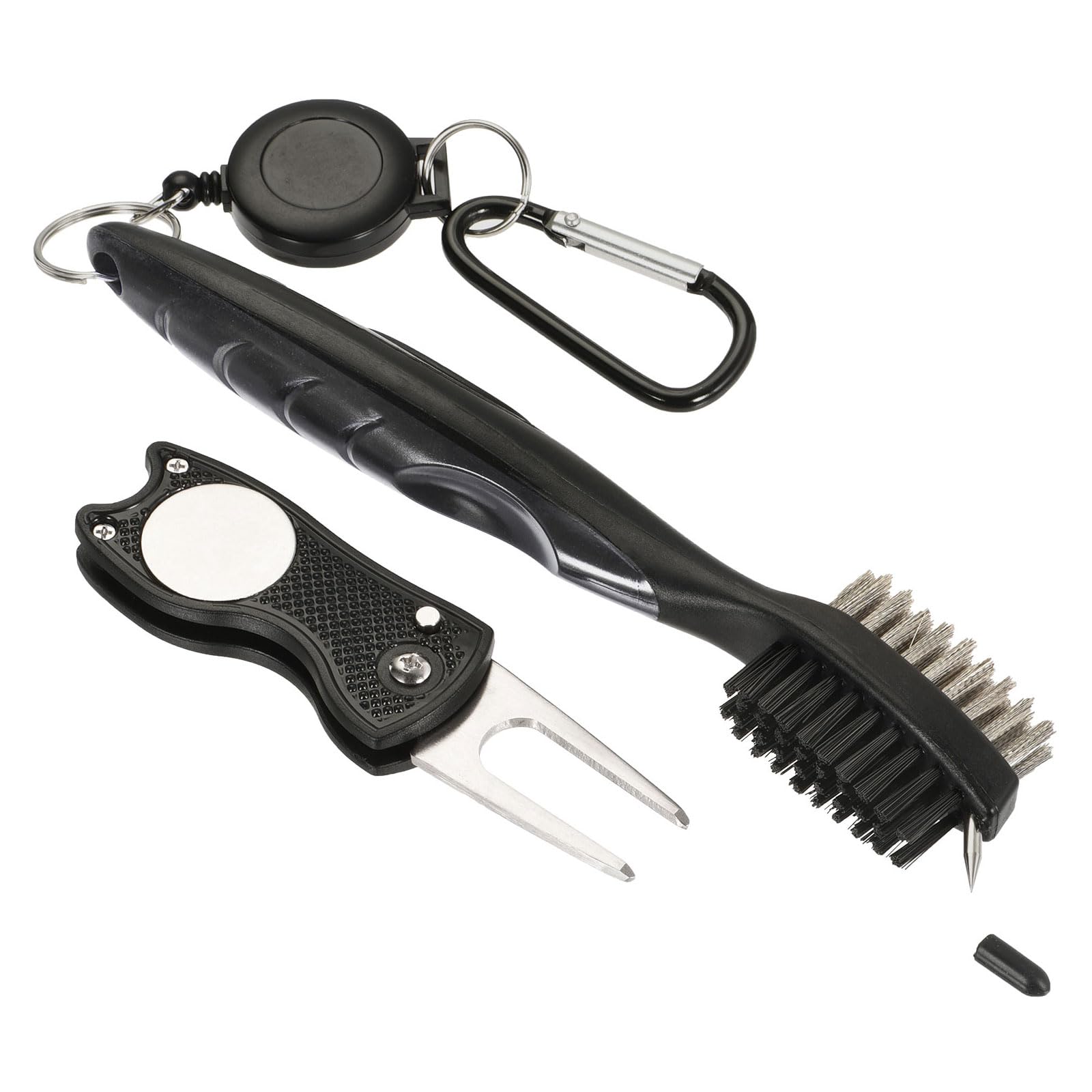 M METERXITY Golf Club Brush Kit- Golf Club Groove Cleaner Zip-line Dual Sided Bristle Cleaning Tools with Clip Divot Fork, Retractable, Apply to Outdoor (Black)