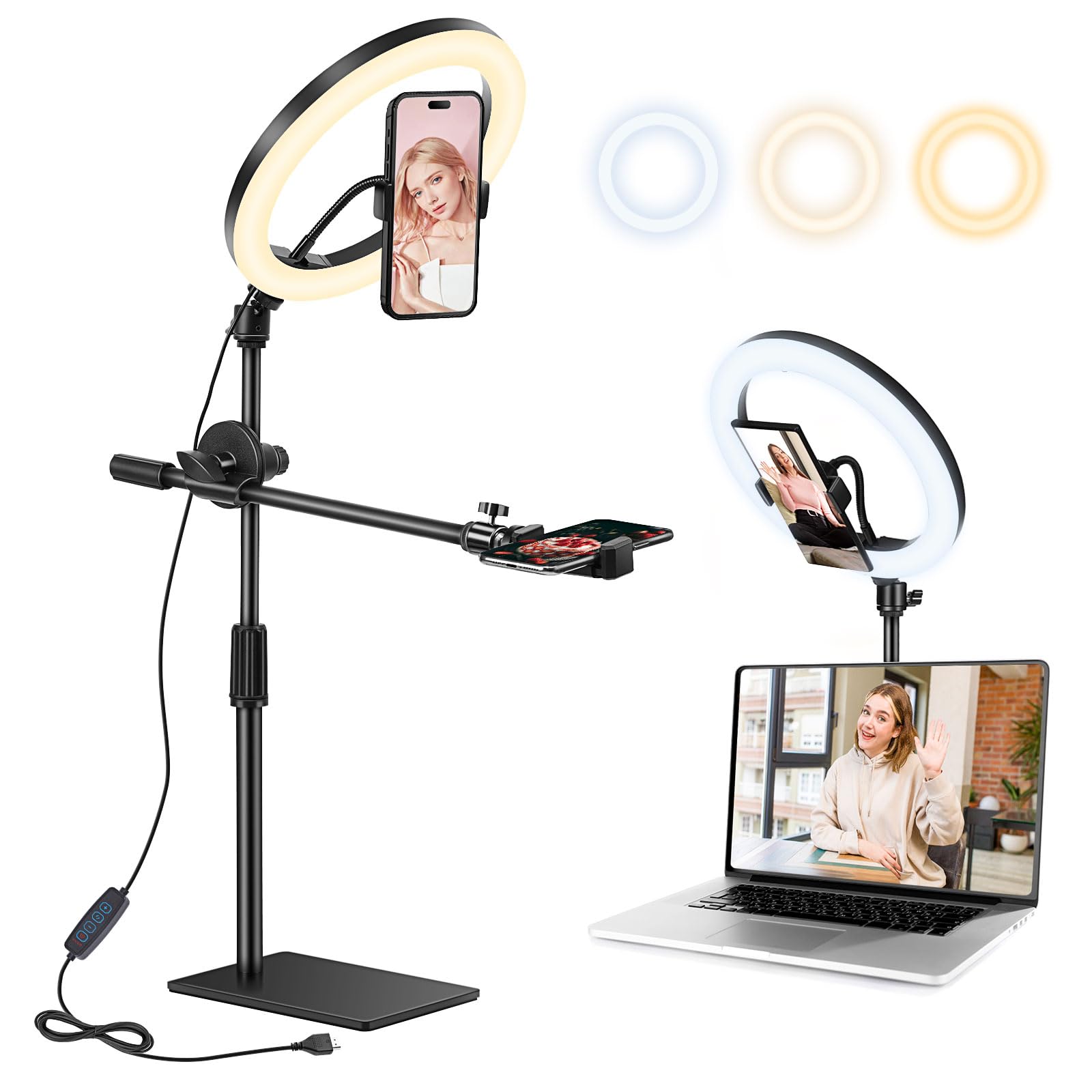 10'' Ring Light with Stand & Phone Holder, Overhead Selfie Ring Light with Stand for Laptop, Perfect for Photos, Live Streaming, Video Recording, Makeup, and Zoom Meetings