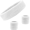 Kenz Laurenz Sweatband Set Cotton Sports Headband Terry Cloth Wristband Moisture Wicking Sweat Absorbing Head Band Athletic Exercise Basketball Wrist Sweatbands and Headbands