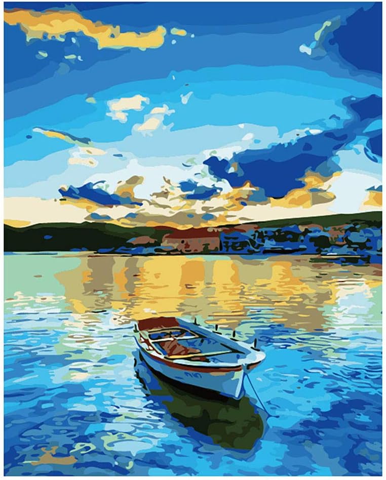 Papamsy Paint by Numbers Kits with Brushes and Acrylic Pigment Pre-Printed Canvas DIY for Adults Kids beginner 16 x 20 inch without Frame - Boat on Lake