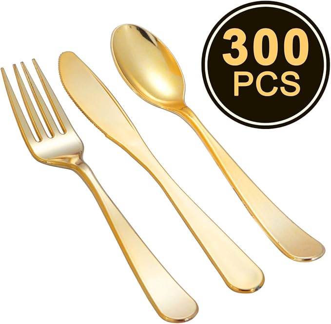 *GREAT PRICE!* Amazon I00000 300 Pcs Gold Plastic Silverware, Gold