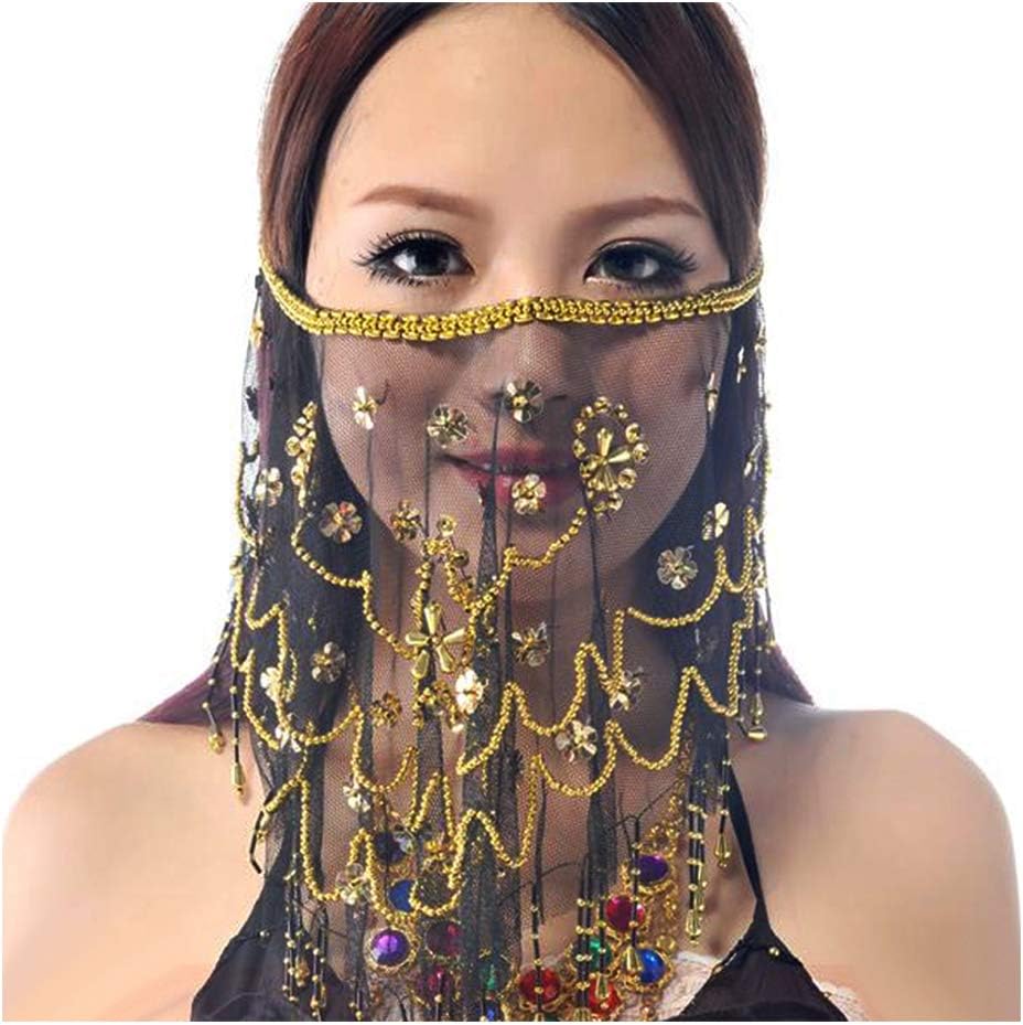 Baisdan Belly Dance Face Veil with Beads Sequins Cosplay Halloween Carnival Costume Accessory, Black, One Size (Pack of 1)