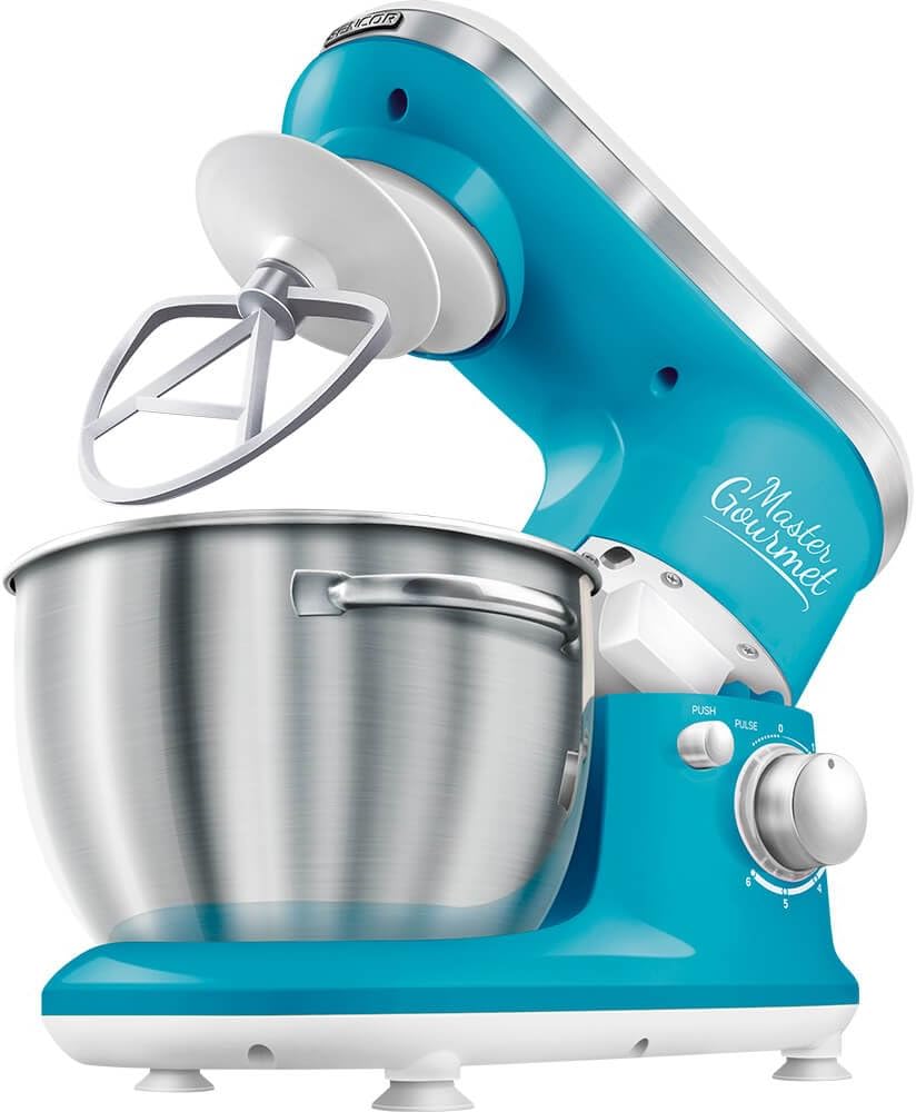 Sencor STM3627TQ 6 Speed Stand Mixer with Pouring Shield and 4 Specialized Metal Attachments and Stainless Steel Bowl, 4.2 Qt, Turquoise
