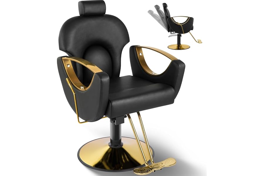 Tythical Salon Chair Reclining Barber Hair Chair for Hair Stylist with Heavy Duty Hydraulic Pump, 360 Swivel Styling Beauty Spa Tattoo Equipment for Home Barbershop, Black Gold