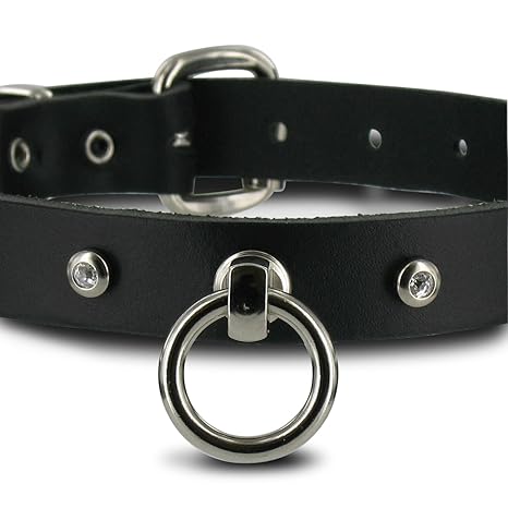 SiaLinda: Halsband echt Leder schwarz, schmal, mit 8 Straß - Kristall und stabiler O-Ring 20mm, Halsband SM Gothic Punk BDSM 