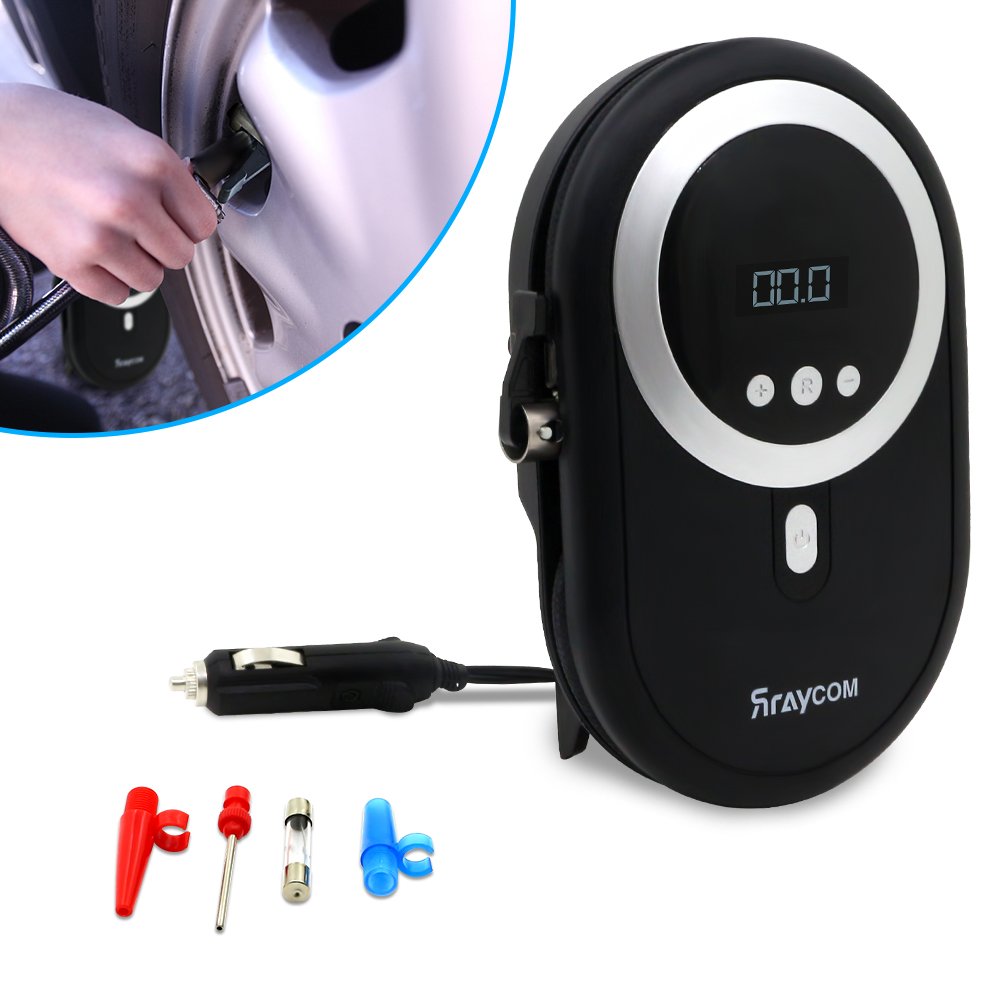 Luftkompressor, Rraycom 12V Tragbare Auto Reifenpumpe mit LED-Licht und Digital-Manometer, 3 Hochdruckdüsen für Auto Motorrad Fahrrad Basketball