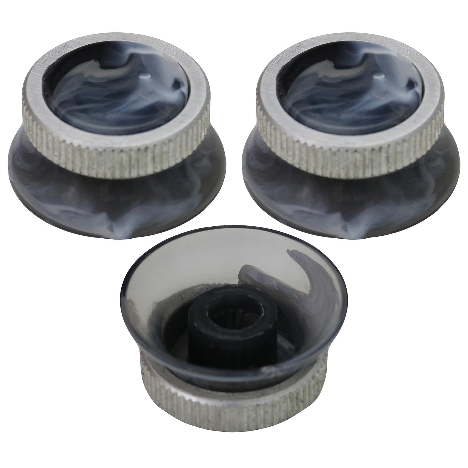Pack of 3 6mm Splined Hole UFO Marbled Guitar Tone/Volume Knob With Knurled Aluminium Grip Ring (Black)