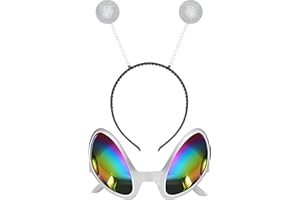 Cheerin Silver Alien Headband and Glasses - Martian Antenna Headband - Glitter Ball Head Boppers - Space Theme Costume - Alien Costume Accessories